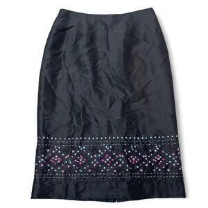 Black 100% silk Ann Taylor midi skirt with colorful beaded/sequin trim